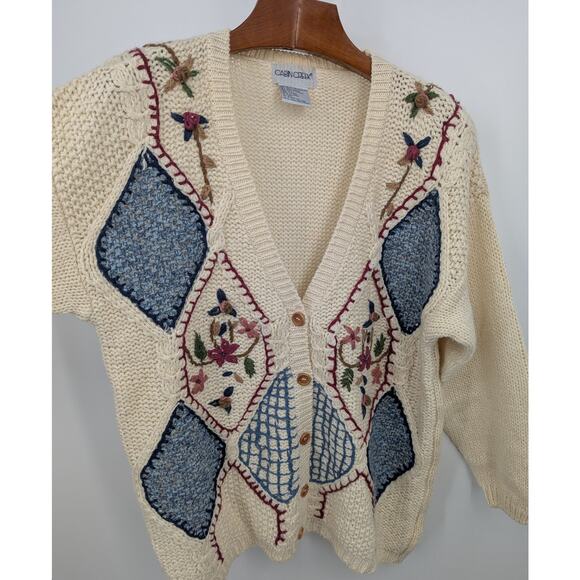 Cabin Creek Vintage Embroidered Cardigan L Cream Floral Patchwork Knit Sweater - Picture 1 of 6